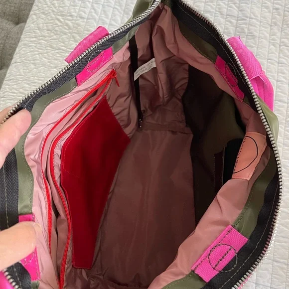 Olive Green Tote Bag with Pink Handles - Picture 3 of 5